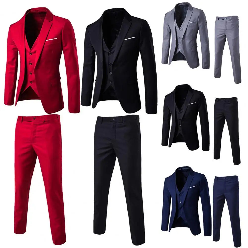 Korean Style Men Blazer Vest Pants Set Casual Business Buttons Cuff Blazer Vest Trousers Men Suit Wedding Groom Formal Suit