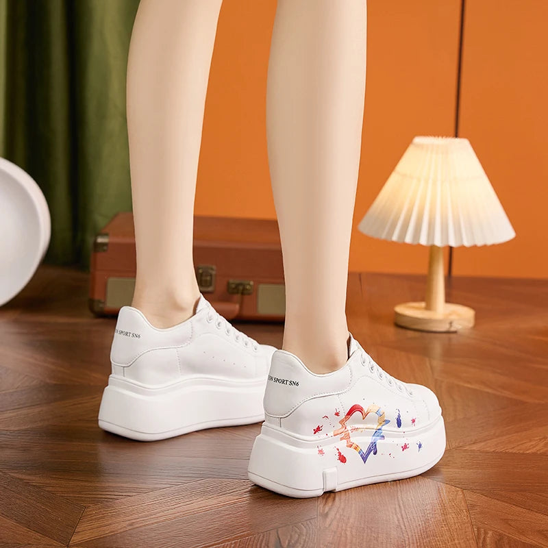 AUTUSPIN White Skateboard Shoes for Women 2025 Fashion Thick Soled Ladies Casual Leather Shoes Outdoor Tide Vulcanized Sneakers
