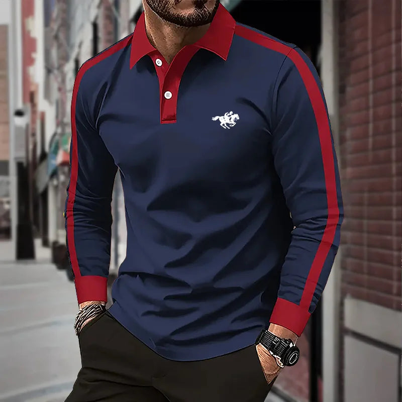2024 Men's long sleeved polo shirt, spring and autumn casual sports breathable top, men's fashion patchwork polo shirt
