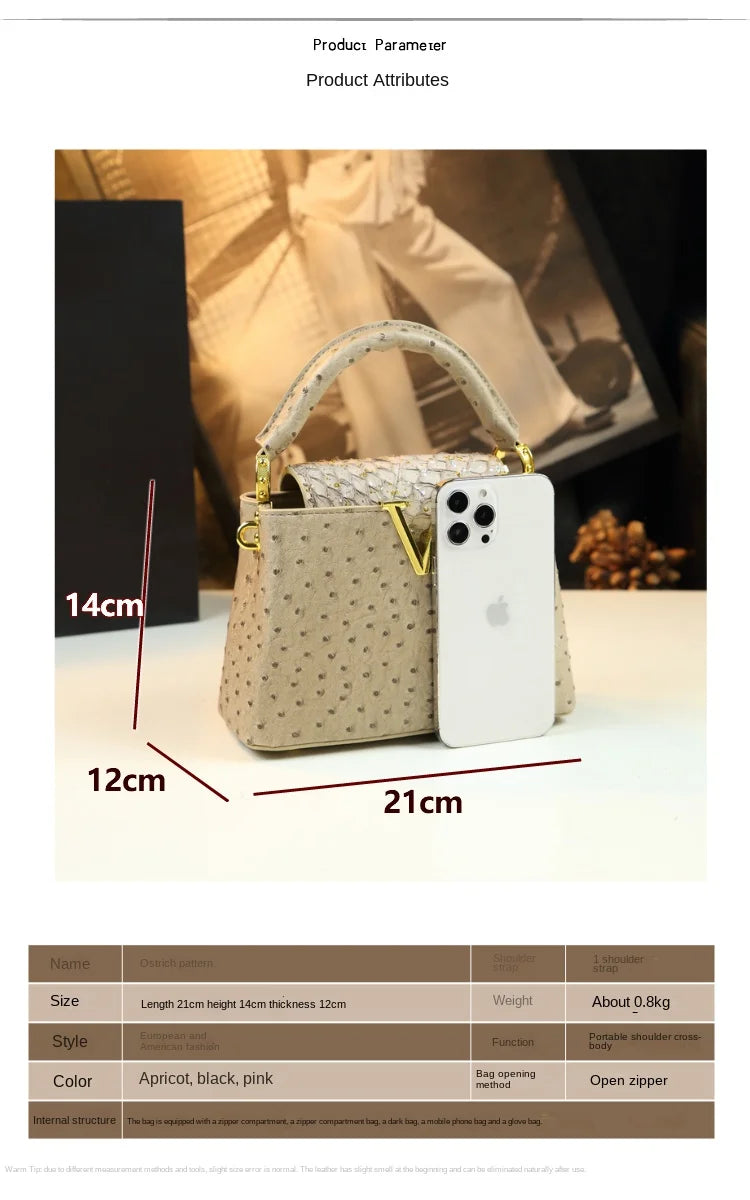Luxury Fashion Leather Women's Handbags V Letter Small Shoulder Crossbody Bag Niche Ostrich Print Portable Messenger Shell Bags