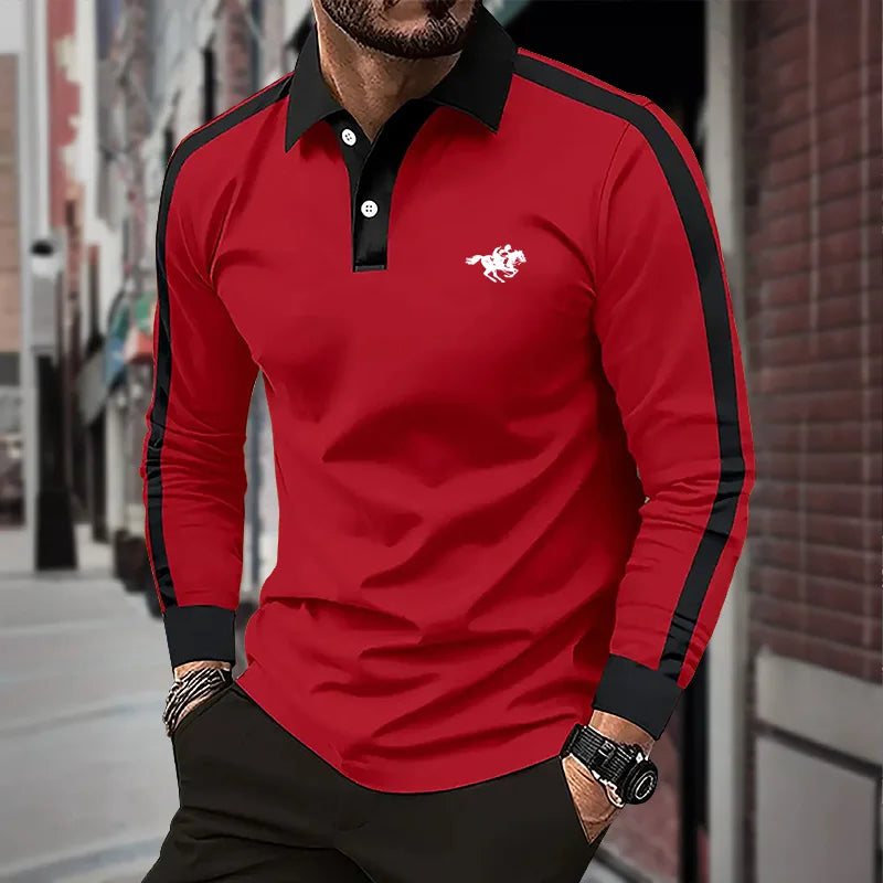 2024 Men's long sleeved polo shirt, spring and autumn casual sports breathable top, men's fashion patchwork polo shirt