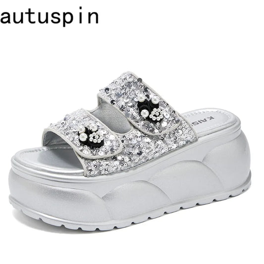 AUTUSPIN 7cm Women Sandals Summer Fashion Wedges Platofrms Shoes Leisure Slides Female Beads Decoration Slippers Size 34-39