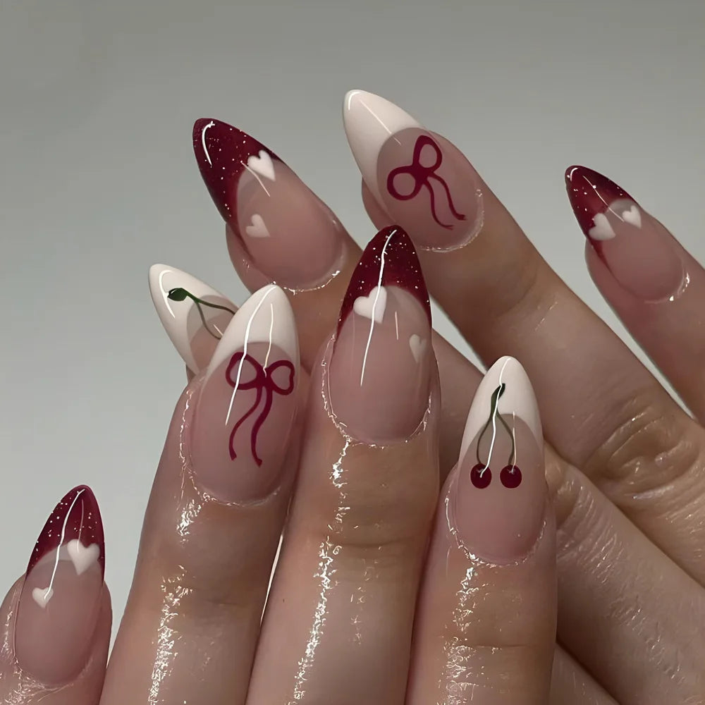 French Fake Nails Red Five-pointed Star False Nails Full Cover Press on Nail Tips y2k Nail Art Almond Artificial Nail Patches