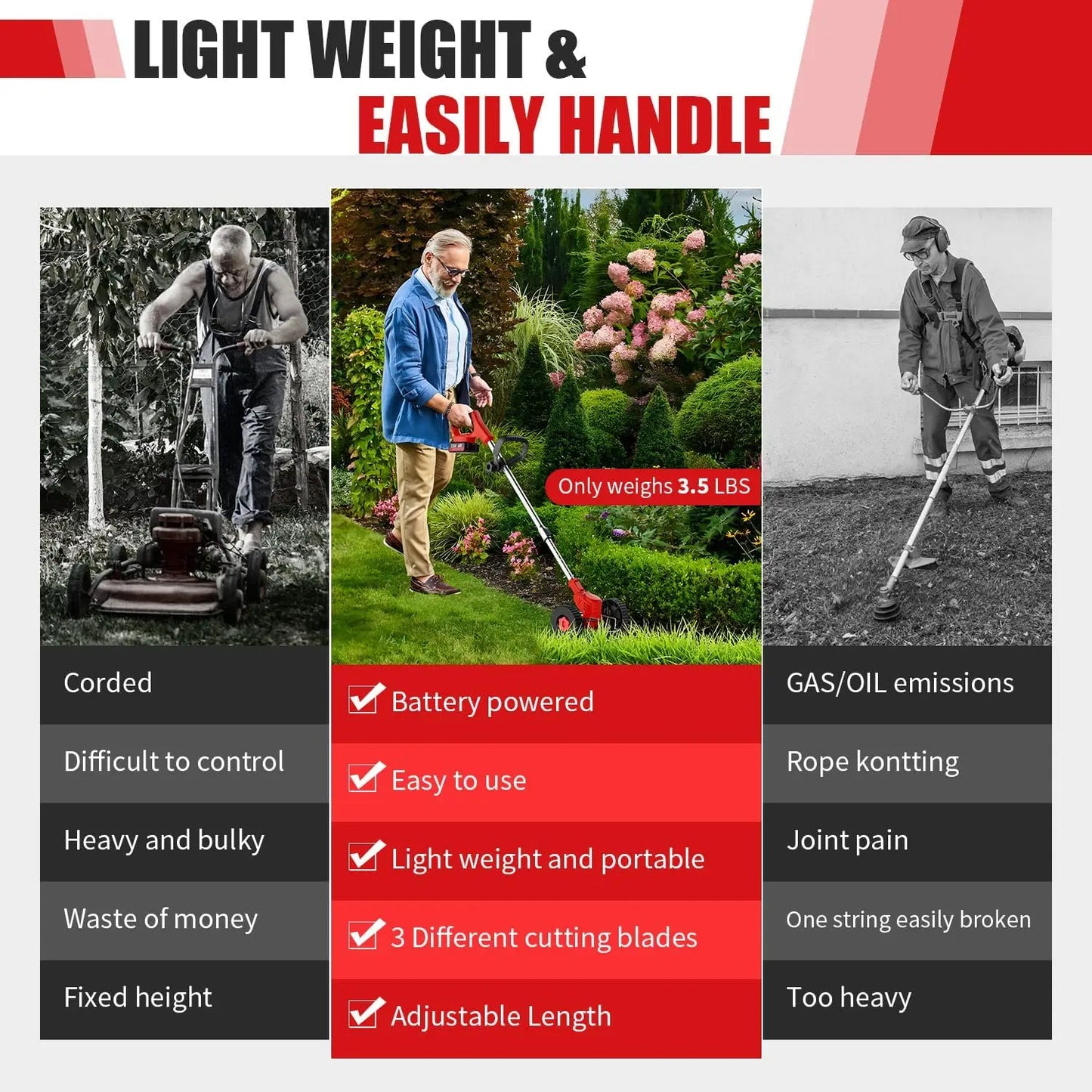 Electric Weed Wacker Battery Powered Grass Trimmer 3 in 1 Weed Trimmer Lawn Edger Brush Cutter for Lawn Garden Pruning Trimming