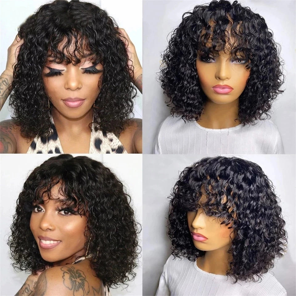 200% Density Jerry Curl Short Pixie Cut Bob Wig Ombre 1B/33 Brazilian Human Hair Wigs With Bang Natual Black Red 99J Remy Hair