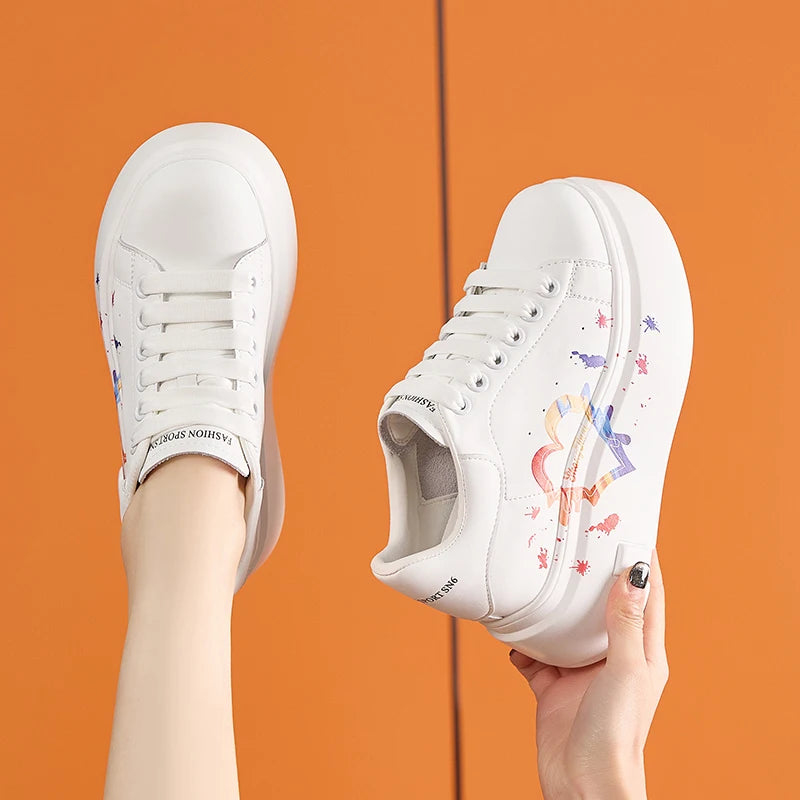 AUTUSPIN White Skateboard Shoes for Women 2025 Fashion Thick Soled Ladies Casual Leather Shoes Outdoor Tide Vulcanized Sneakers