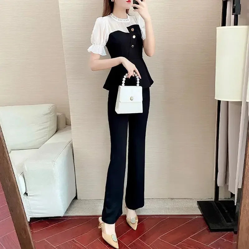 Sexy Professional Women's Top and Pants Two Piece Set Summer 2024 Wear To Work Party Black Office Ladies Trouser Clothes Bottom