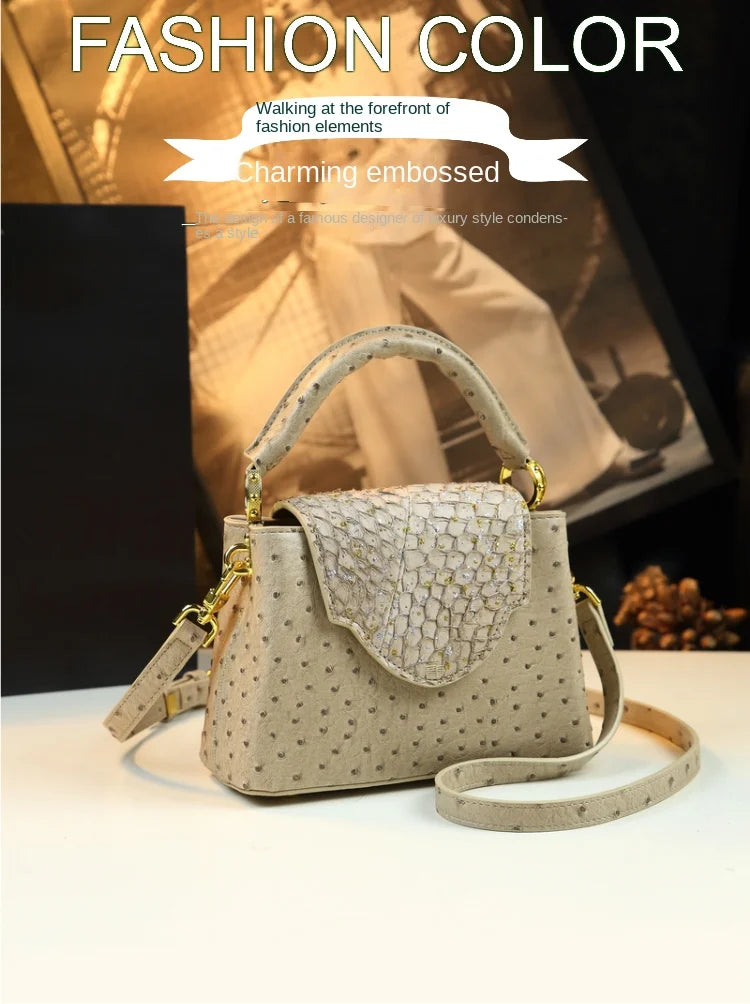 Luxury Fashion Leather Women's Handbags V Letter Small Shoulder Crossbody Bag Niche Ostrich Print Portable Messenger Shell Bags