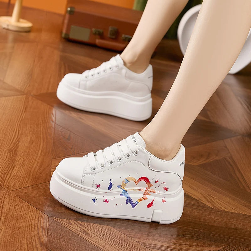 AUTUSPIN White Skateboard Shoes for Women 2025 Fashion Thick Soled Ladies Casual Leather Shoes Outdoor Tide Vulcanized Sneakers