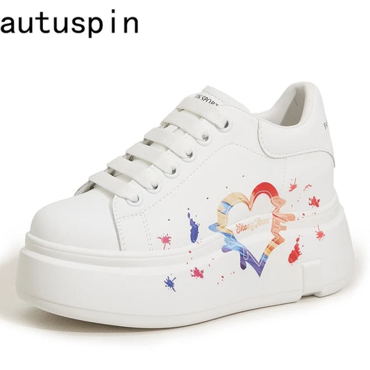 AUTUSPIN White Skateboard Shoes for Women 2025 Fashion Thick Soled Ladies Casual Leather Shoes Outdoor Tide Vulcanized Sneakers