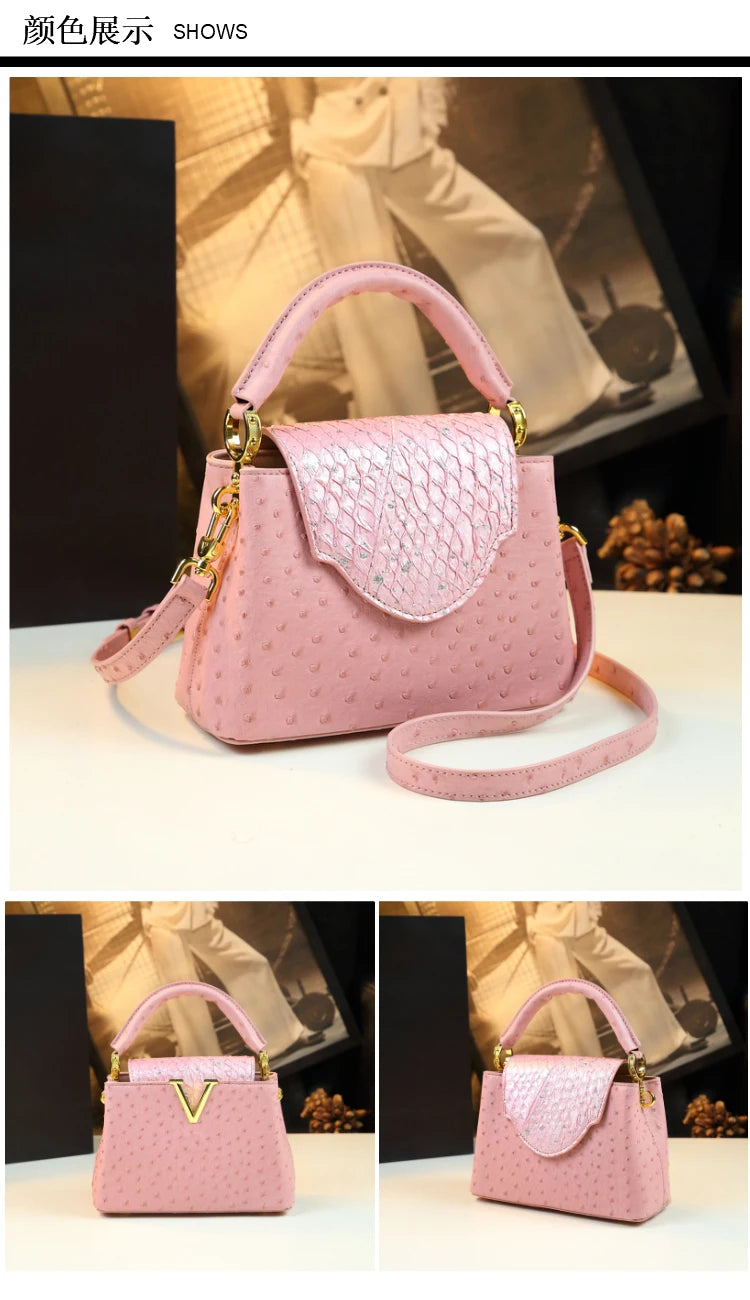 Luxury Fashion Leather Women's Handbags V Letter Small Shoulder Crossbody Bag Niche Ostrich Print Portable Messenger Shell Bags