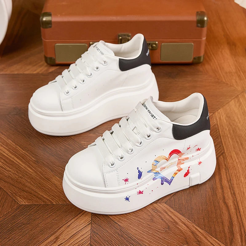 AUTUSPIN White Skateboard Shoes for Women 2025 Fashion Thick Soled Ladies Casual Leather Shoes Outdoor Tide Vulcanized Sneakers