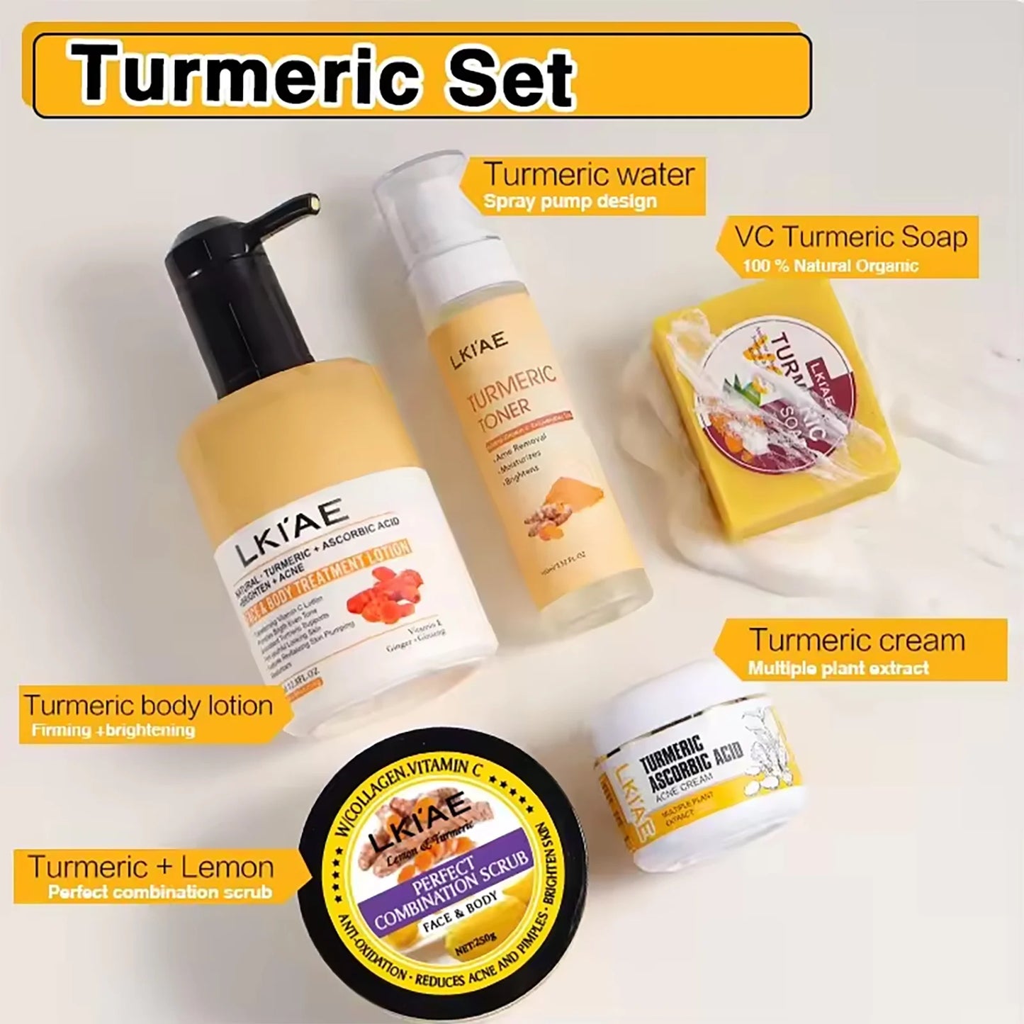 Organic Turmeric Skin Care Kit, Brighten, Remove Darkness, Lighten, Hydration, Exfoliate, Even Skin Tone, for Private Label