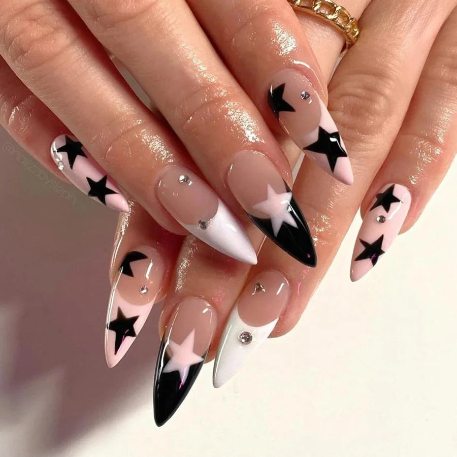 French Fake Nails Red Five-pointed Star False Nails Full Cover Press on Nail Tips y2k Nail Art Almond Artificial Nail Patches