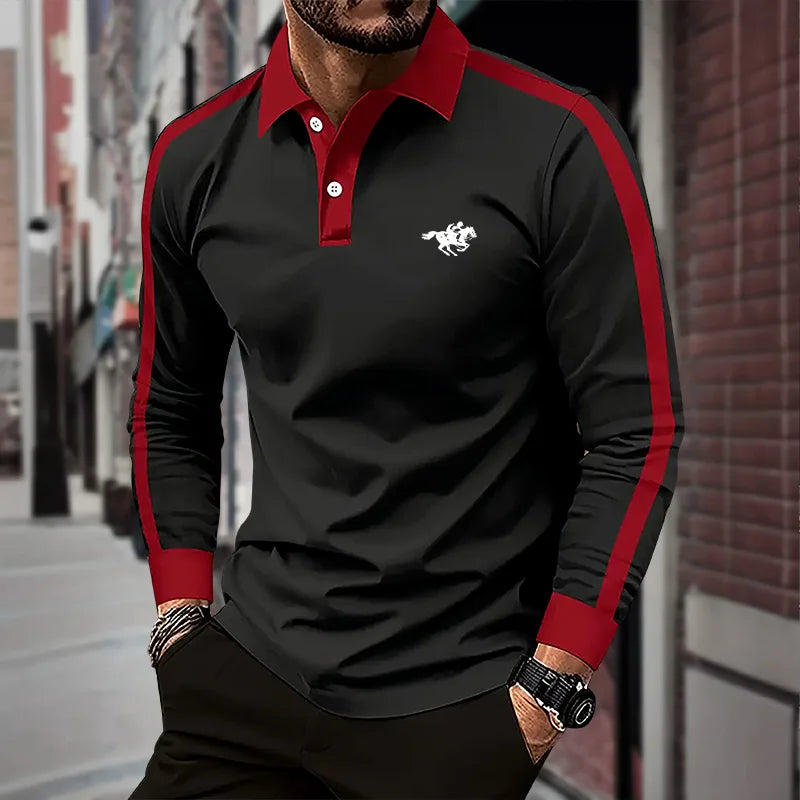 2024 Men's long sleeved polo shirt, spring and autumn casual sports breathable top, men's fashion patchwork polo shirt