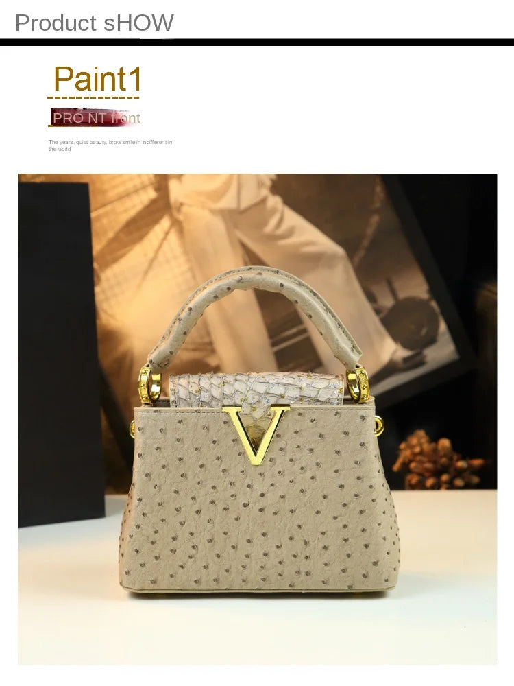 Luxury Fashion Leather Women's Handbags V Letter Small Shoulder Crossbody Bag Niche Ostrich Print Portable Messenger Shell Bags