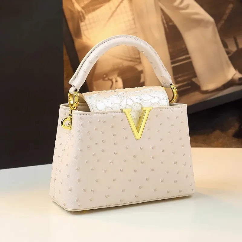 Luxury Fashion Leather Women's Handbags V Letter Small Shoulder Crossbody Bag Niche Ostrich Print Portable Messenger Shell Bags