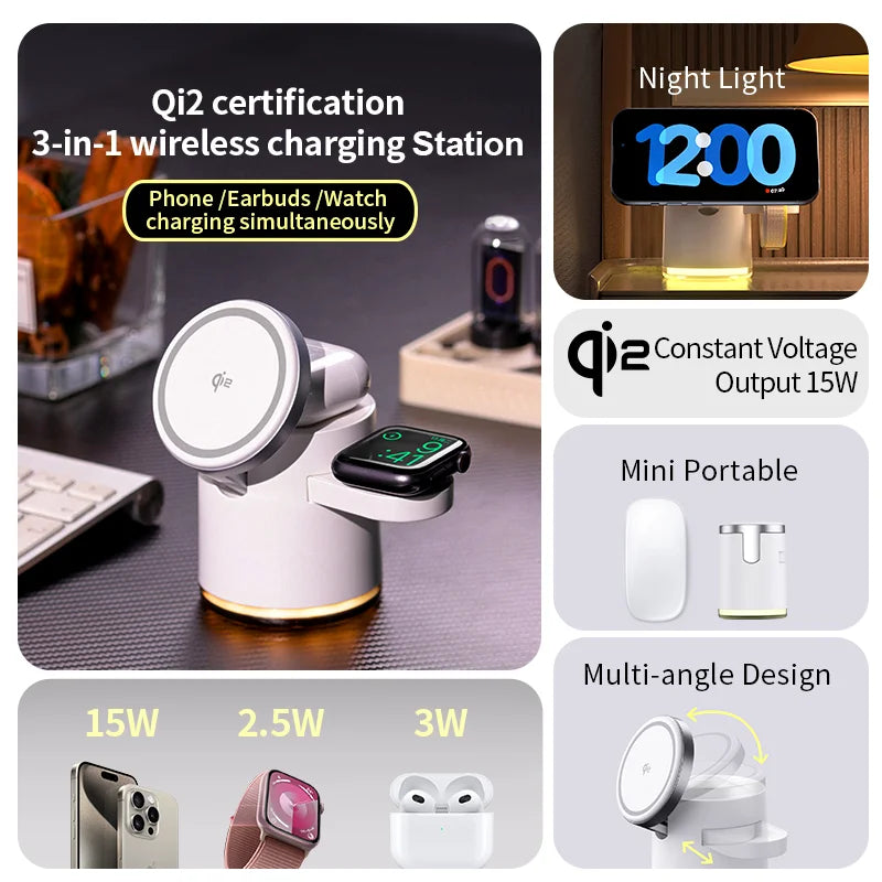 2025 New Qi2 Wireless Charger 3-in-1 Fast Charging Station Stand Folding Holder for iPhone16 15 14 ProMax Airpods Apple Watch