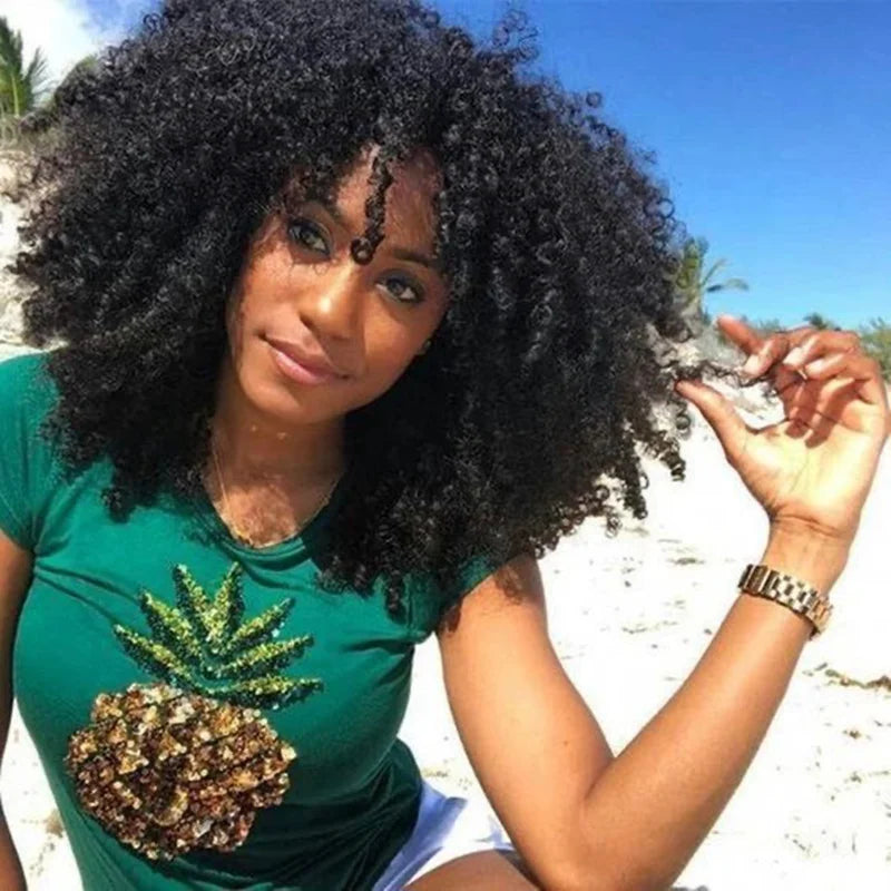 Mongolian Afro Kinky Curly Human Hair Wigs with Bangs Wear to go Glueless Wig Remy Brazilian Short Curly Bangs Wig Human Hair