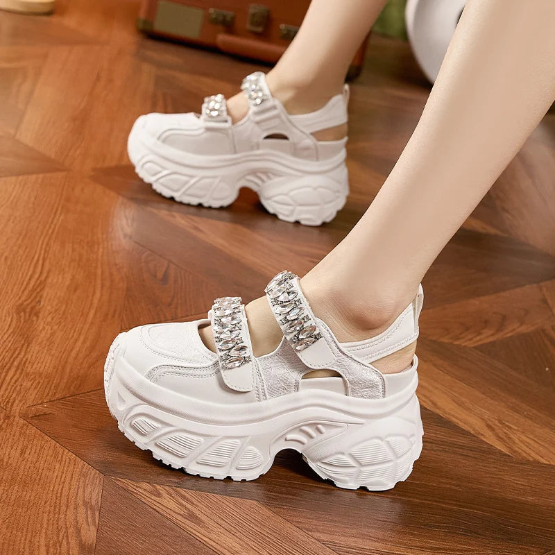 AUTUSPIN 9cm Sports Rome Sandals Women Summer Back Hollow Out Shoes High Platform Fashion Platforms Ladies Crystal Sneakers