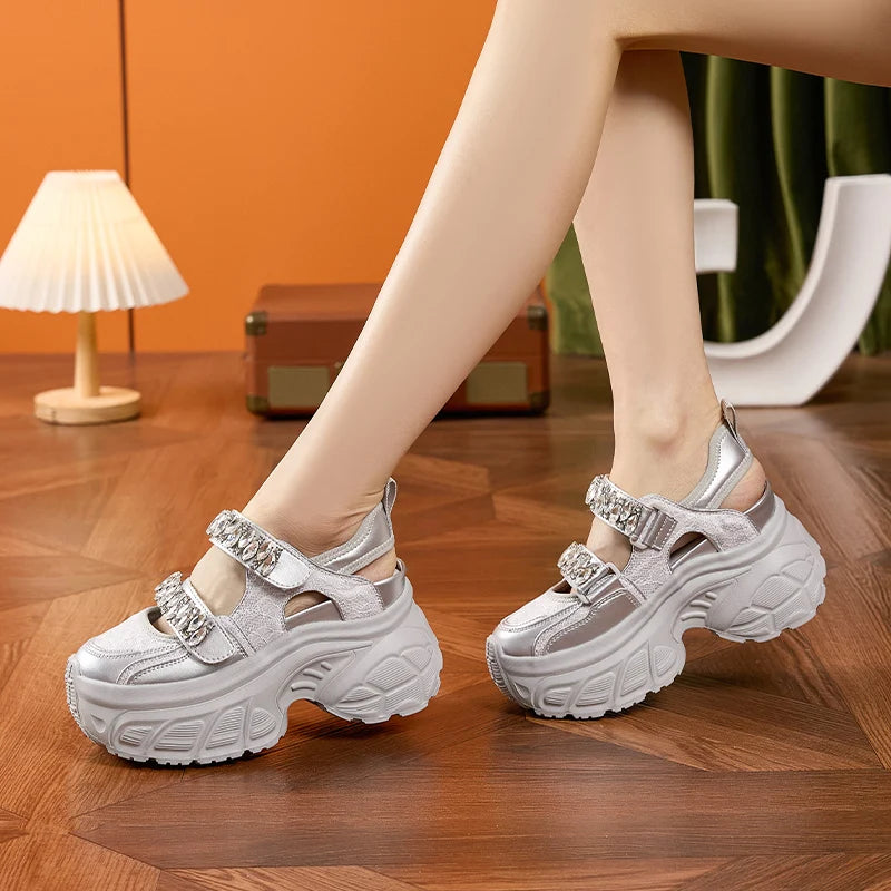 AUTUSPIN 9cm Sports Rome Sandals Women Summer Back Hollow Out Shoes High Platform Fashion Platforms Ladies Crystal Sneakers