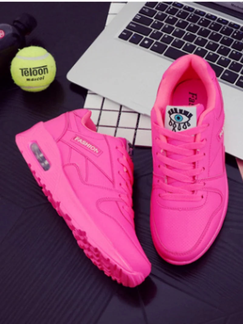 Women Fashion Sneakers Air Cushion Sports Shoes Pu Leather Blue Shoes White Pink Outdoor Walking Jogging Shoes Female Trainers