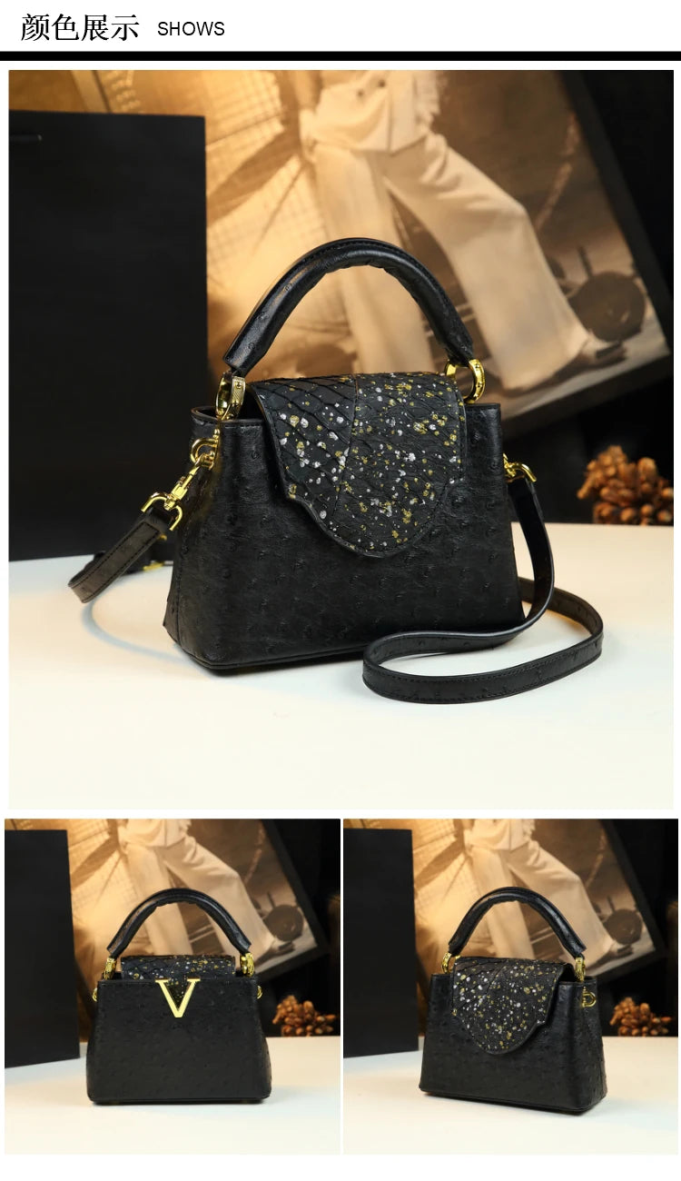 Luxury Fashion Leather Women's Handbags V Letter Small Shoulder Crossbody Bag Niche Ostrich Print Portable Messenger Shell Bags