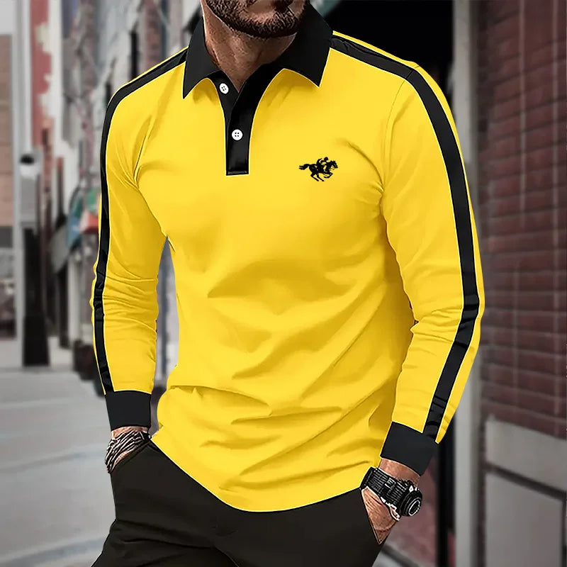 2024 Men's long sleeved polo shirt, spring and autumn casual sports breathable top, men's fashion patchwork polo shirt