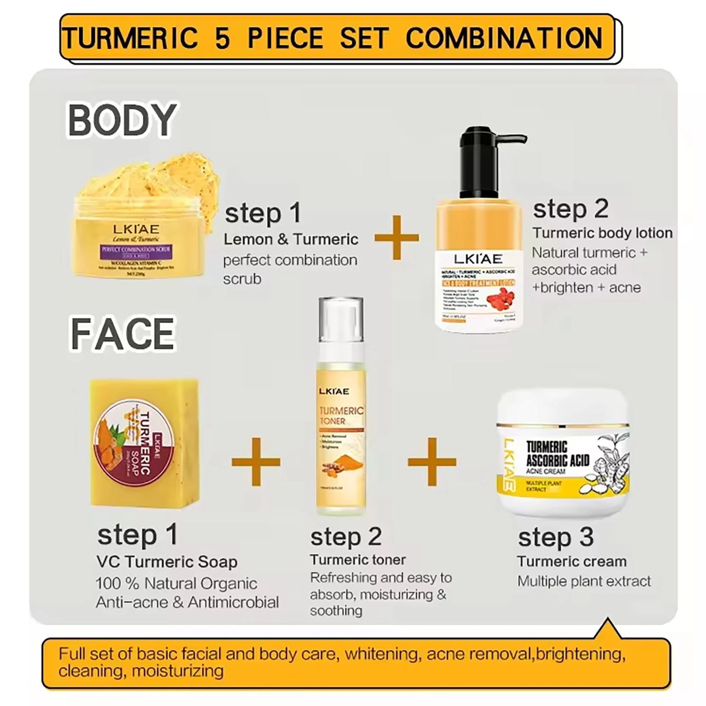 Organic Turmeric Skin Care Kit, Brighten, Remove Darkness, Lighten, Hydration, Exfoliate, Even Skin Tone, for Private Label