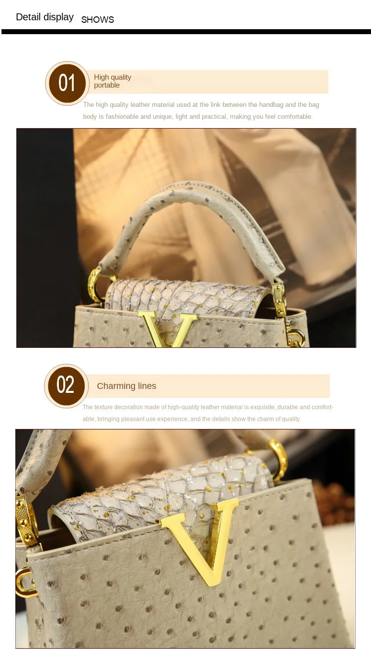 Luxury Fashion Leather Women's Handbags V Letter Small Shoulder Crossbody Bag Niche Ostrich Print Portable Messenger Shell Bags