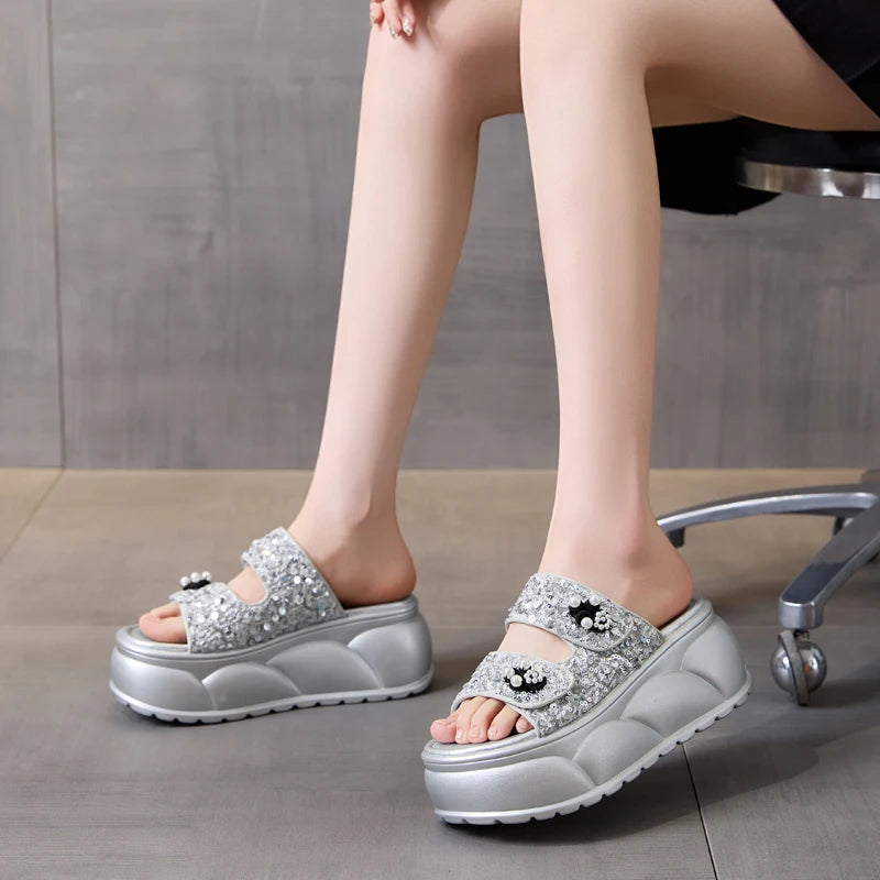 AUTUSPIN 7cm Women Sandals Summer Fashion Wedges Platofrms Shoes Leisure Slides Female Beads Decoration Slippers Size 34-39