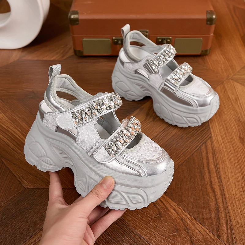 AUTUSPIN 9cm Sports Rome Sandals Women Summer Back Hollow Out Shoes High Platform Fashion Platforms Ladies Crystal Sneakers
