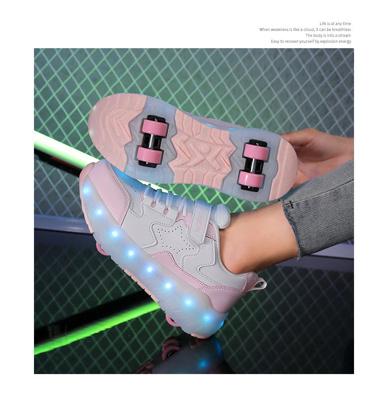 Kid Led Sneakers USB Charging Luminous Shoes Outdoor Sport Roller Skates Children Four Wheels Boys Girls Casual Shoes Glowing