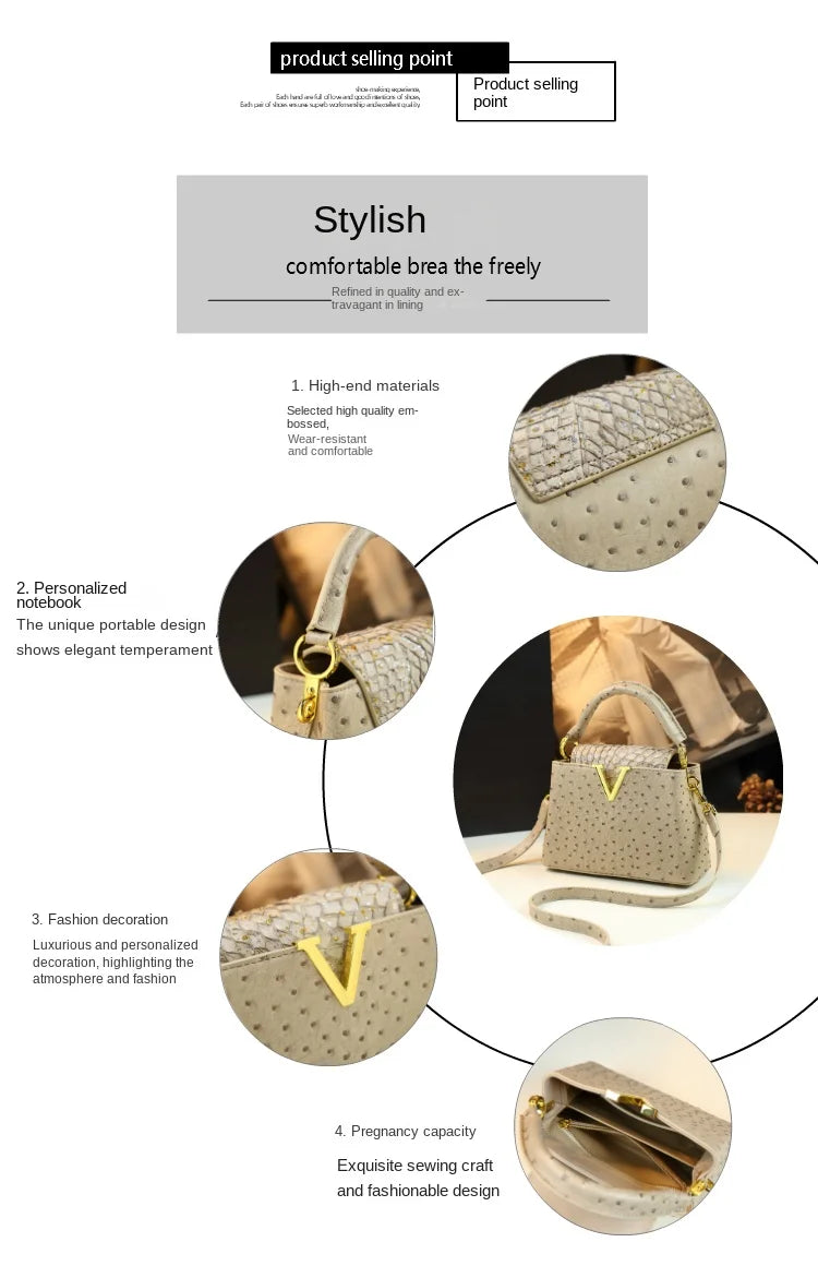 Luxury Fashion Leather Women's Handbags V Letter Small Shoulder Crossbody Bag Niche Ostrich Print Portable Messenger Shell Bags