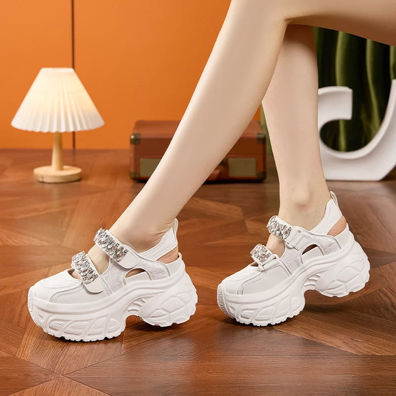 AUTUSPIN 9cm Sports Rome Sandals Women Summer Back Hollow Out Shoes High Platform Fashion Platforms Ladies Crystal Sneakers