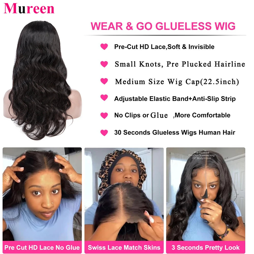250% Density Glueless Wigs Human Hair Ready To Wear Body Wave Pre Cut Lace Wear And Go Wig 4X4 Lace Closure Wig