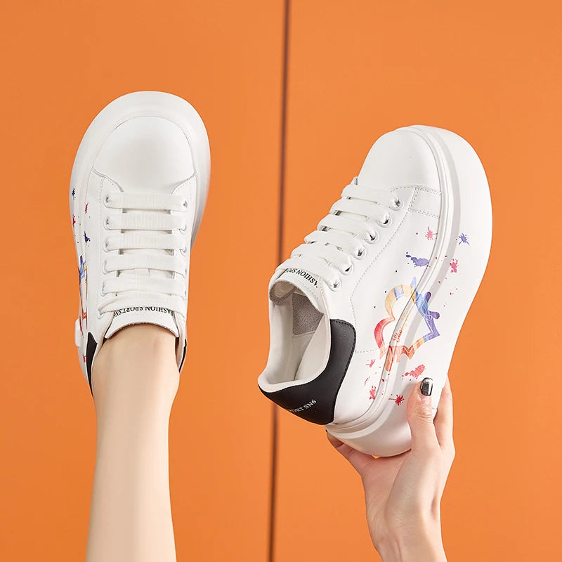 AUTUSPIN White Skateboard Shoes for Women 2025 Fashion Thick Soled Ladies Casual Leather Shoes Outdoor Tide Vulcanized Sneakers