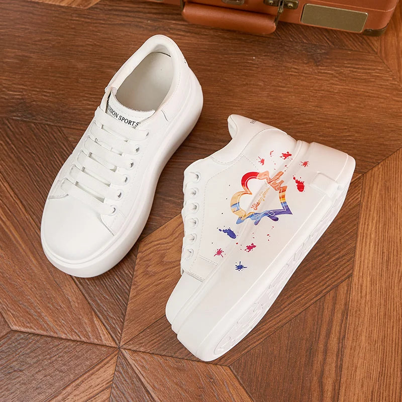 AUTUSPIN White Skateboard Shoes for Women 2025 Fashion Thick Soled Ladies Casual Leather Shoes Outdoor Tide Vulcanized Sneakers