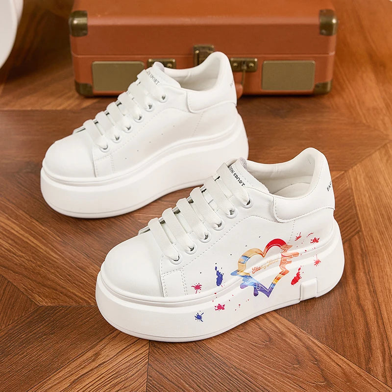 AUTUSPIN White Skateboard Shoes for Women 2025 Fashion Thick Soled Ladies Casual Leather Shoes Outdoor Tide Vulcanized Sneakers