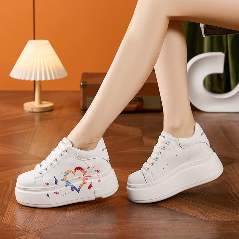 AUTUSPIN White Skateboard Shoes for Women 2025 Fashion Thick Soled Ladies Casual Leather Shoes Outdoor Tide Vulcanized Sneakers