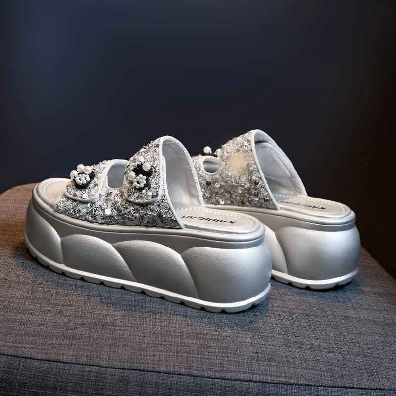 AUTUSPIN 7cm Women Sandals Summer Fashion Wedges Platofrms Shoes Leisure Slides Female Beads Decoration Slippers Size 34-39
