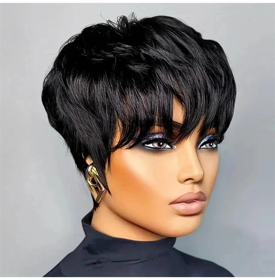 Natural Black/99j/Brown Color 6inch 250% Density Remy Hair Wig Machine Made Pixie Cut Short Straight Human Hair Wig For Women