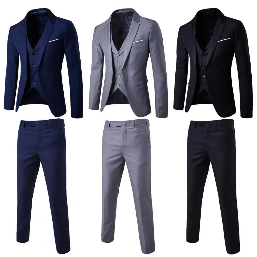 Korean Style Men Blazer Vest Pants Set Casual Business Buttons Cuff Blazer Vest Trousers Men Suit Wedding Groom Formal Suit
