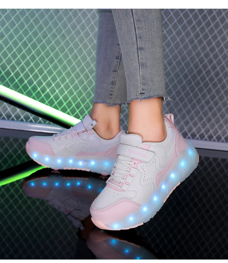 Kid Led Sneakers USB Charging Luminous Shoes Outdoor Sport Roller Skates Children Four Wheels Boys Girls Casual Shoes Glowing