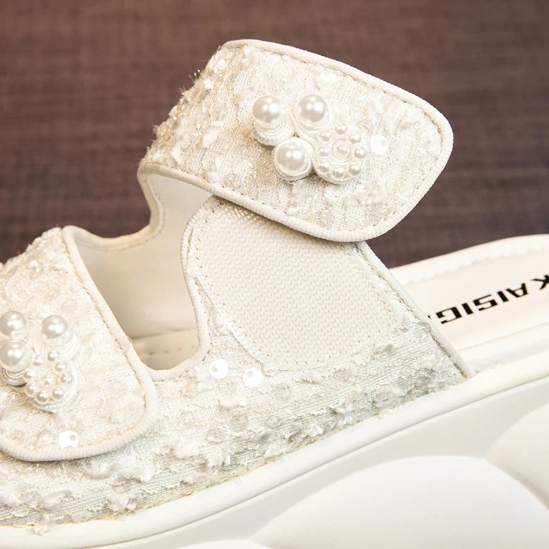 AUTUSPIN 7cm Women Sandals Summer Fashion Wedges Platofrms Shoes Leisure Slides Female Beads Decoration Slippers Size 34-39