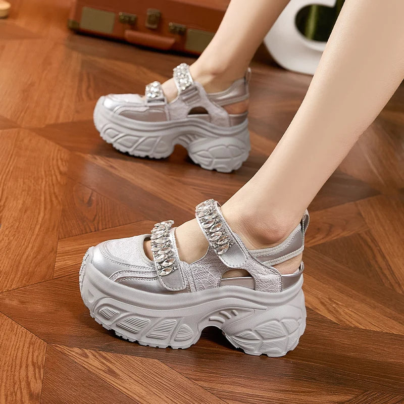 AUTUSPIN 9cm Sports Rome Sandals Women Summer Back Hollow Out Shoes High Platform Fashion Platforms Ladies Crystal Sneakers
