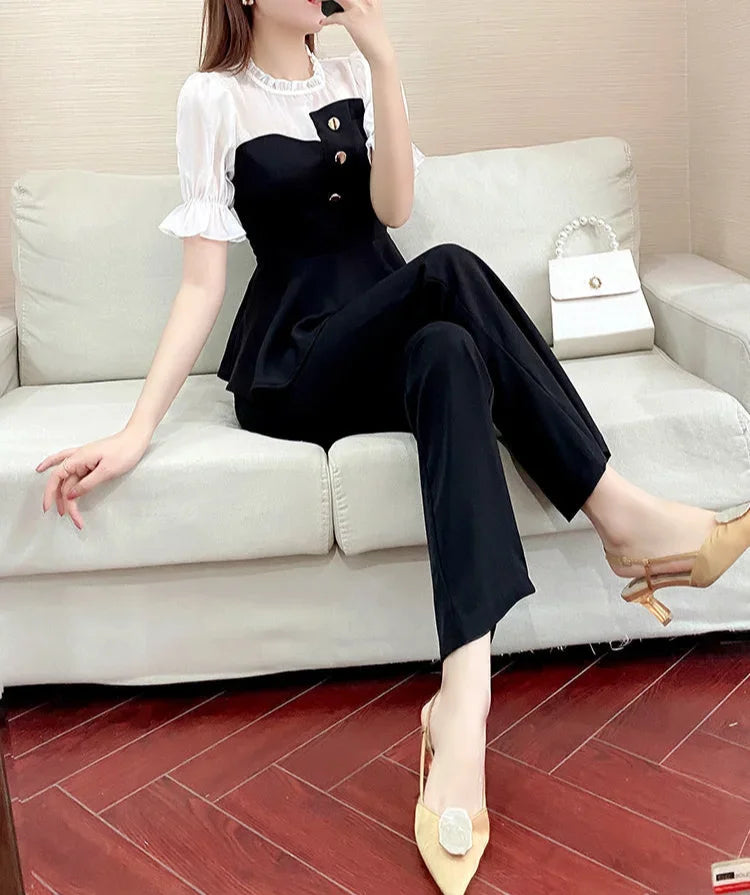 Sexy Professional Women's Top and Pants Two Piece Set Summer 2024 Wear To Work Party Black Office Ladies Trouser Clothes Bottom
