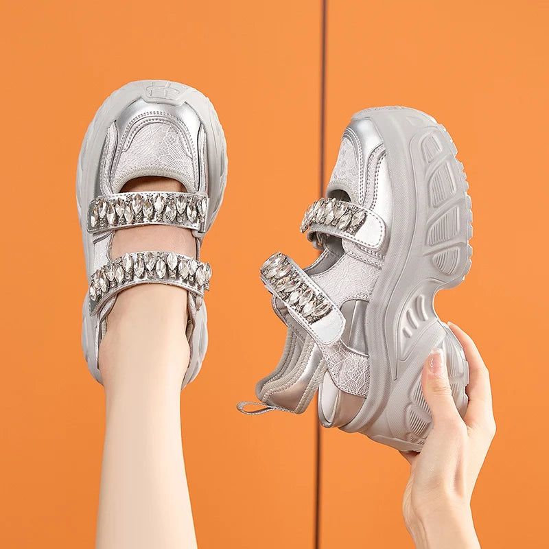 AUTUSPIN 9cm Sports Rome Sandals Women Summer Back Hollow Out Shoes High Platform Fashion Platforms Ladies Crystal Sneakers