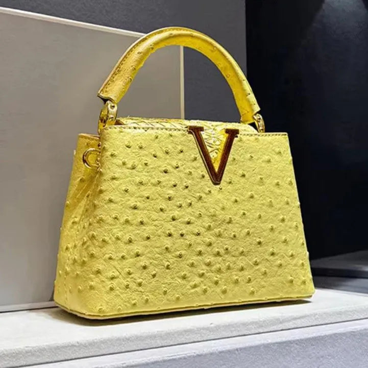 Luxury Fashion Leather Women's Handbags V Letter Small Shoulder Crossbody Bag Niche Ostrich Print Portable Messenger Shell Bags
