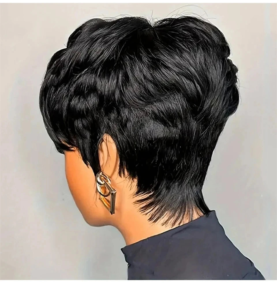 Natural Black/99j/Brown Color 6inch 250% Density Remy Hair Wig Machine Made Pixie Cut Short Straight Human Hair Wig For Women